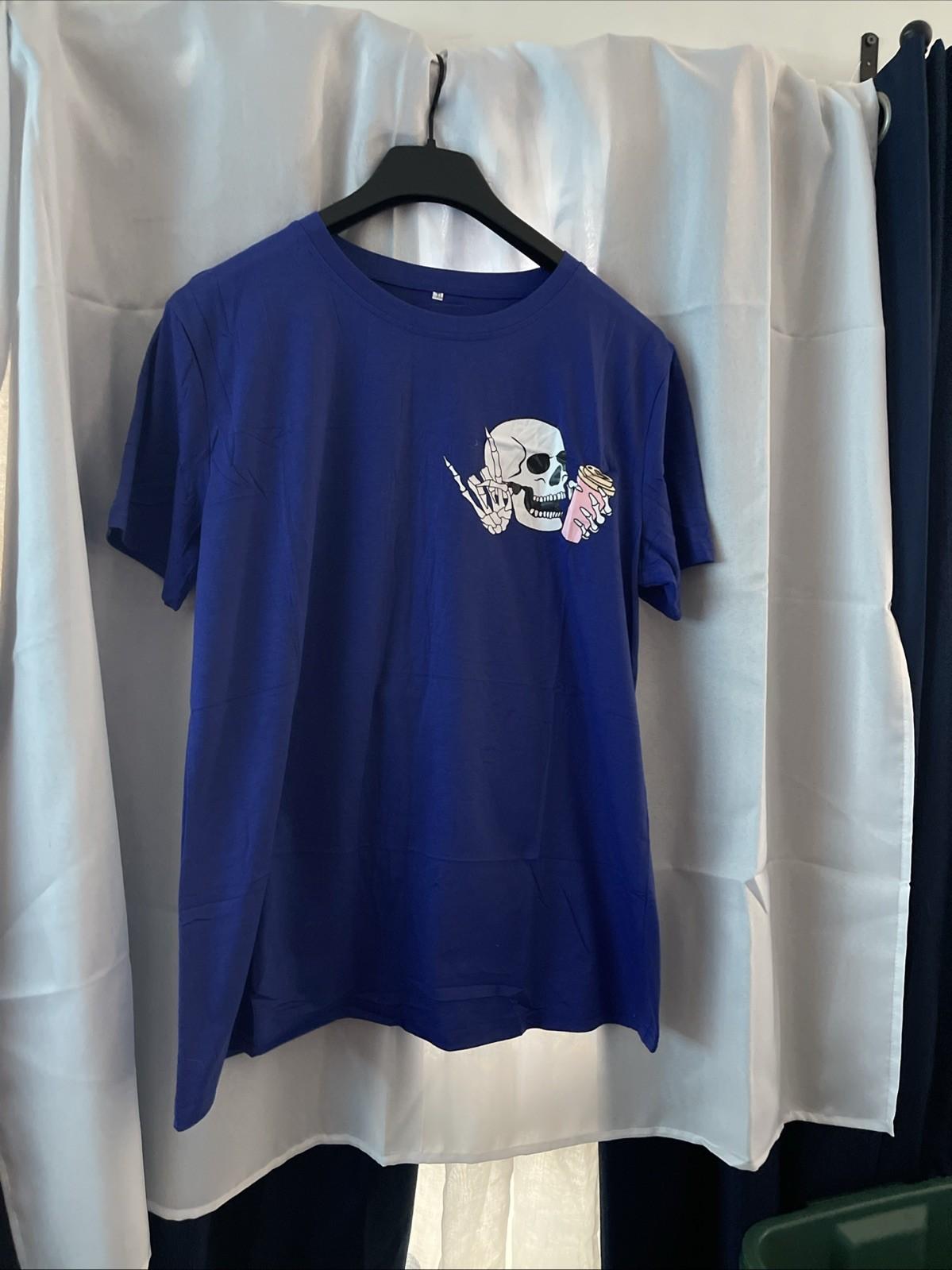 #346 Skully Blue T-shirt Size L Skull Holding Coffee Mug S разноцветный