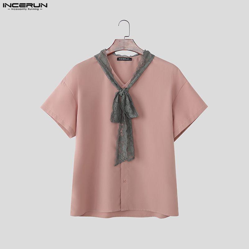 INCERUN Summer Men Lace Tie Up Short Sleeve Casual Oversized Shirts