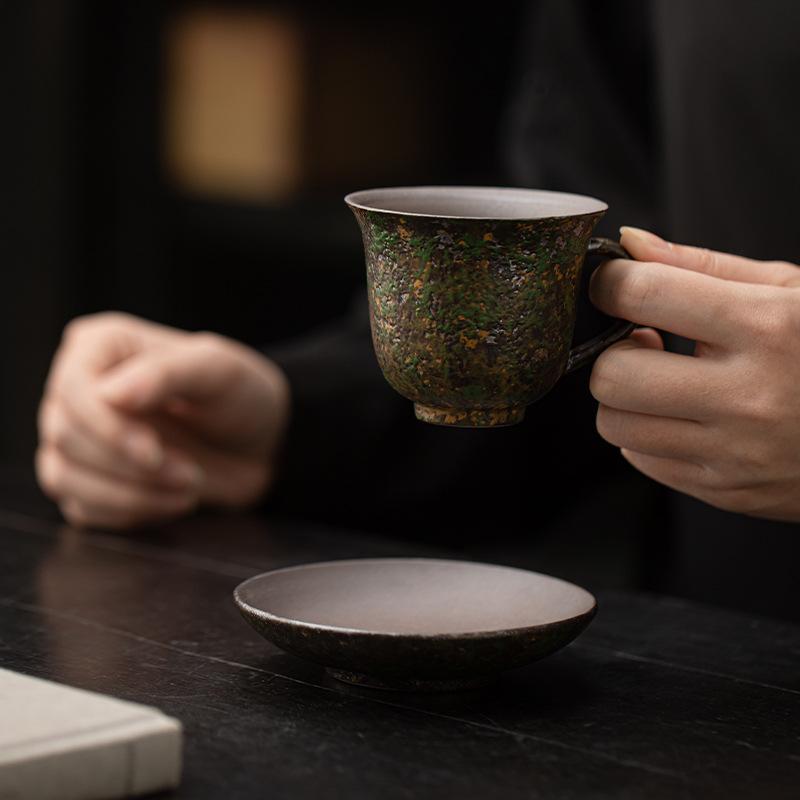 Retro kiln-changed ceramic cup coarse pottery coffee cup and saucer set creative souvenir Chinese tea cup with bottom saucer