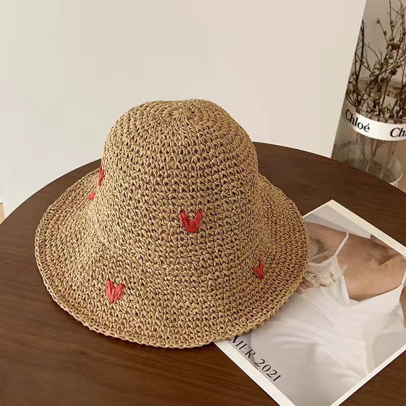 Wave edge big eaves straw woven fisherman hat children summer woven love straw hat beach breathable sunshade sun protection basin hat
