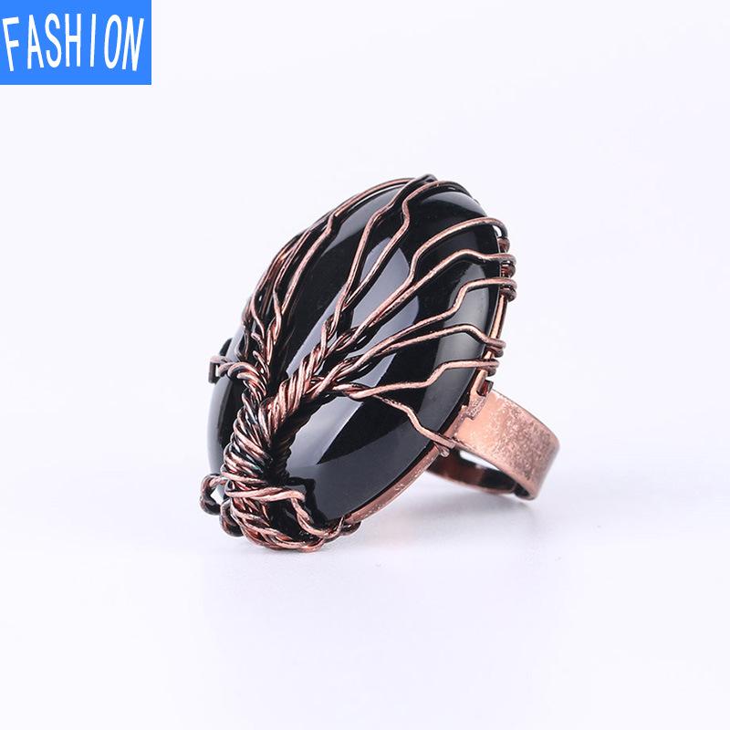 

Винтажное медное кольцо ручной работы из проволоки, круглое регулируемое кольцо с натуральным кристаллом Tree Life BlackOnyx