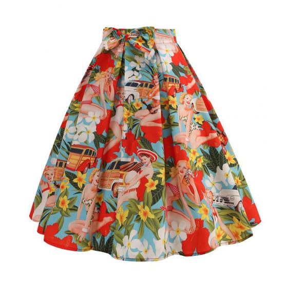 Damen-Midirock mit hoher Taille, Schleifendekor, großer Saum, Rock mit Reißverschluss, Blumendruck, plissierter Retrorock, wadenlanger Rock