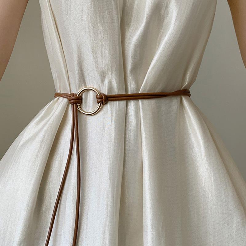 Women Metal Round Ring Leather Rope Knotted Belt Solid Color Long Thin Skinny PU Waistband Female Dress Skirt Decorative Straps