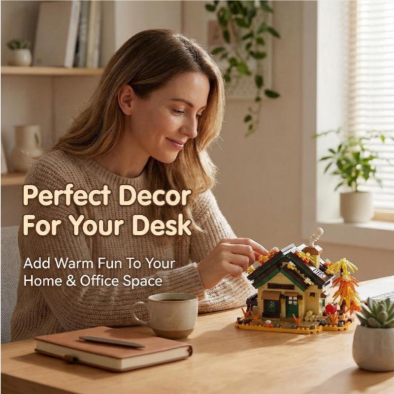 Four Seasons Cottage Building Block Set, Retro Mini House Model Kit with Windmill, Collectible DIY Assembly Toy for Adults, Idea