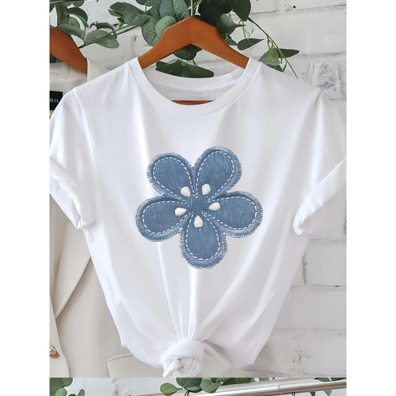 

European sizes Women S Floral Print T-Shirt - Lightweight Breathable Short Sleeve Crew Neck Top, Blue & White Flower Design, Casual Summer Tee S белый