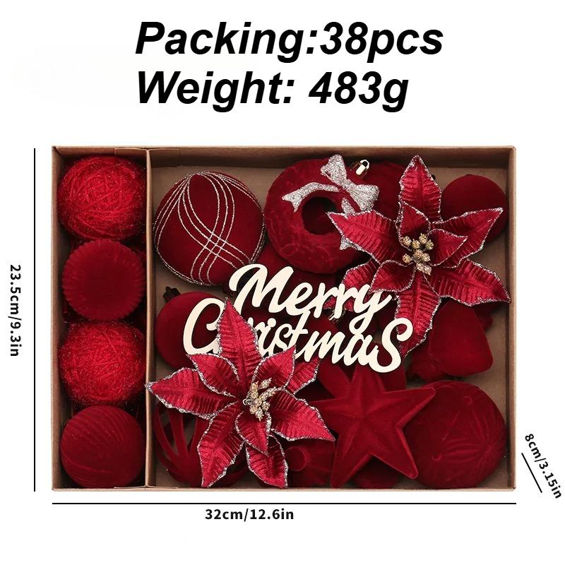 

38PCS Luxury Plush Christmas Ball Set Xmas Ball Tree Top Star Bow Flower Combination Santa Tree Decor Set Christmas Home Decor