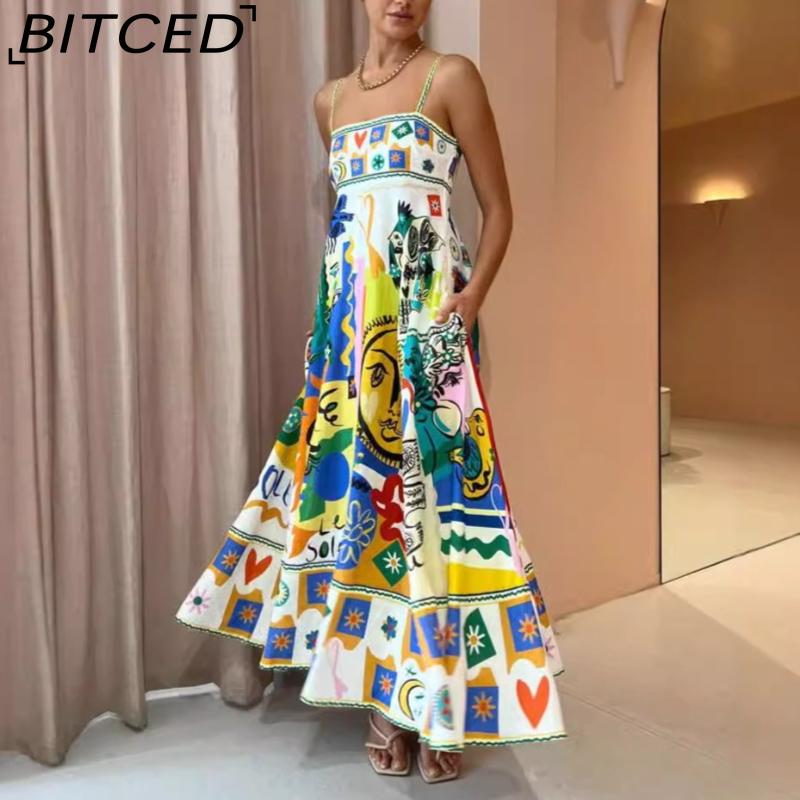 BITCED Spring/Summer Casual Maxi Dress for Women Spaghetti Strap Printed Linen 9 Colors Full-Skirted Dress