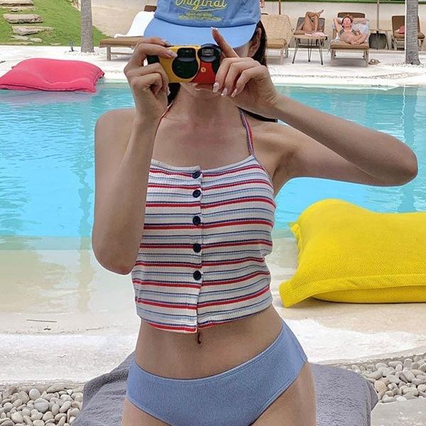 Ins wind Korean sweet teen vintage striped size chest suspender split swimsuit women swimsuit swimsuit
