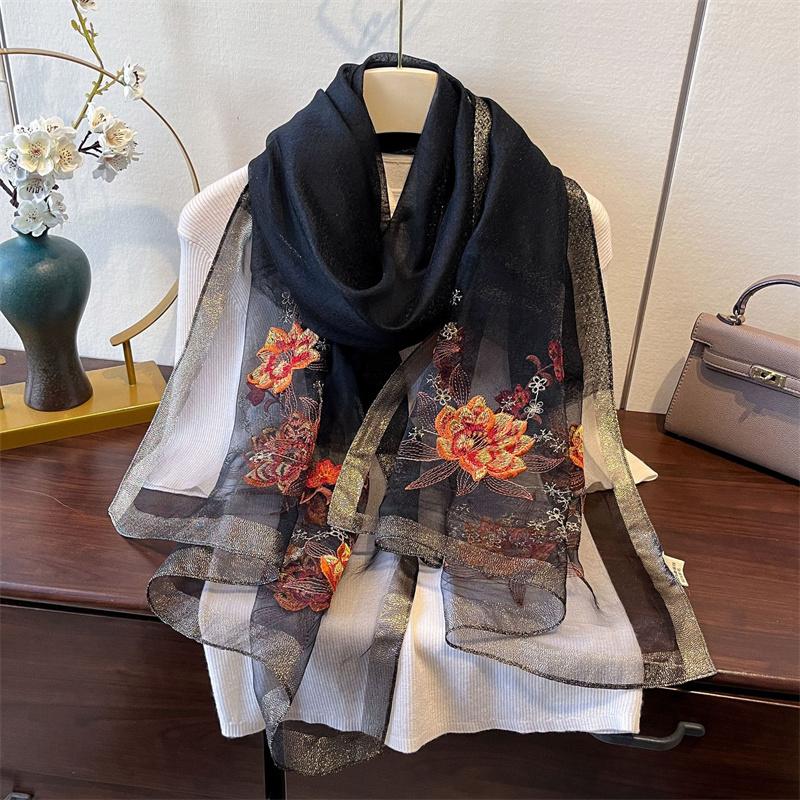 Elegant Long Embroidered Silk Feeling Scarf Women'S Fashion Spring New Style Shawl Wrap Outerwear Trendy Floral Pattern Stylish