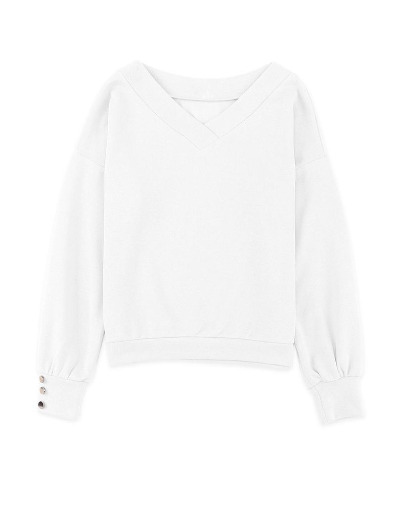 Azura Exchange Bílý pletený svetr s véčkovým výstřihem a manžetami na knoflíčky