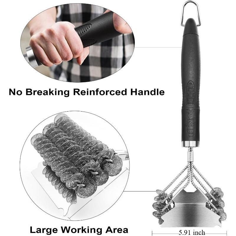 3in1 Grill Brush and Scraper with Handle Safe BBQ Brush Stainless Steel Bristle Grill Grate Cleaner for Grilling Grates Tool