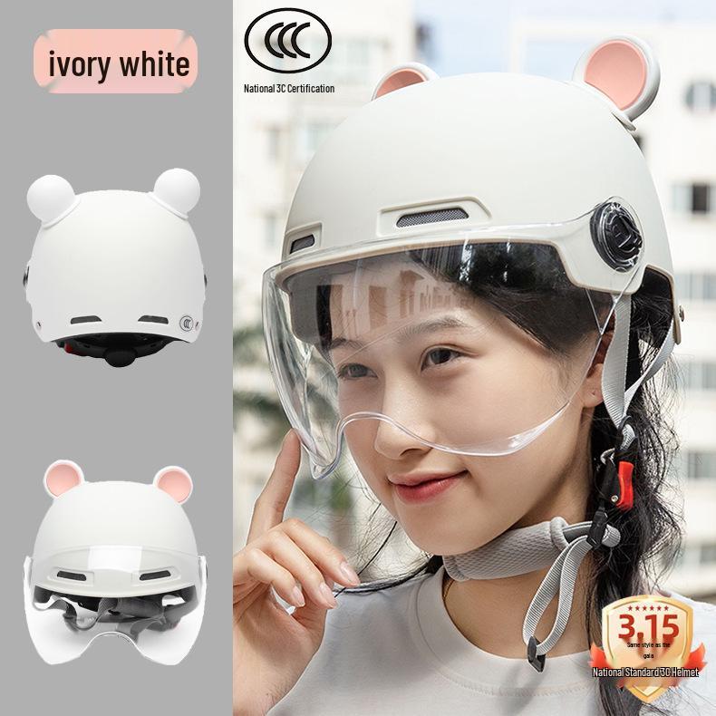 New Class A 3C Certified Electric Motorcycle Helmet with Bear Ears - Unisex Half Helmet for Summer Safety