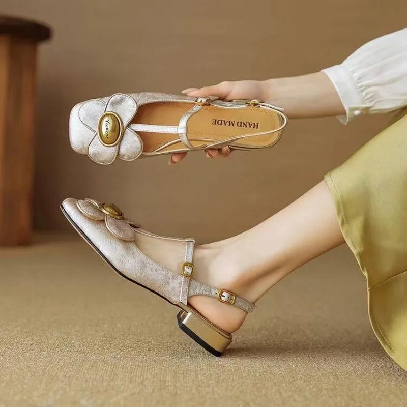 Fashion 2024 Hot Selling New Spring and Autumn Women's High Heels Women's Round Toe Low Heels Flower Mary Jane Shoes Sweet Women's Shoes