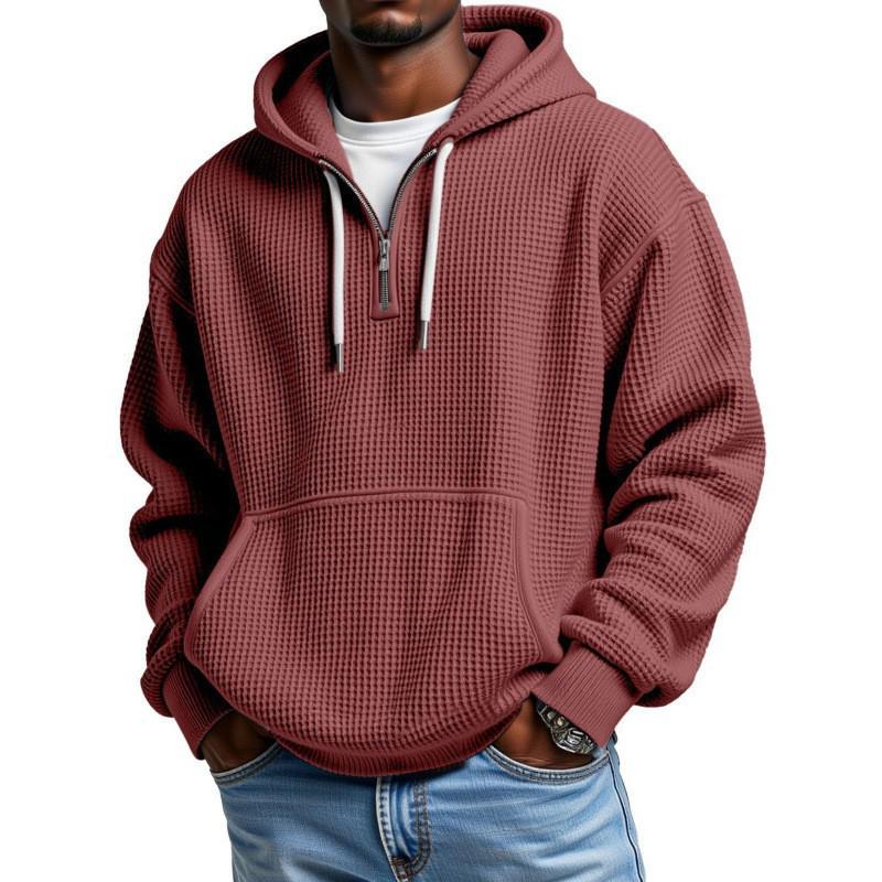 European Men's Casual Waffle Knit Hooded Pullover with Drawstring Zipper