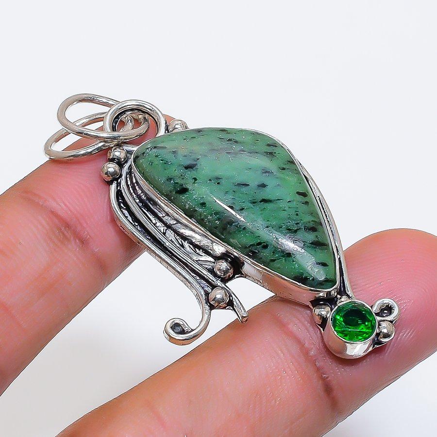 Natural Ruby Zosite, Peridot 925 Sterling Silver Jewelry Pendant 2.05" ZS-1266