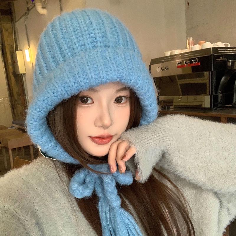 Women's Blue Knitted Wool Balaclava with Ear Protection for Autumn and Winter