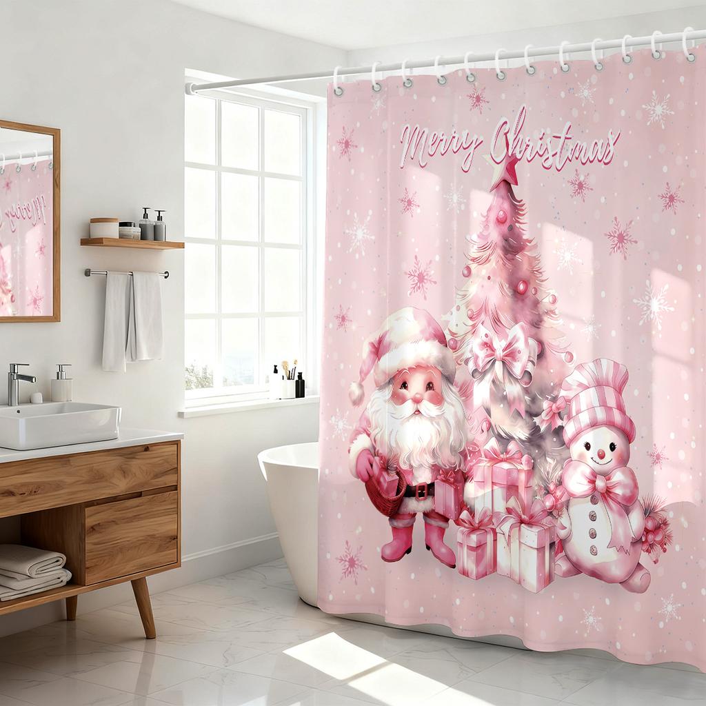 1Pc Pink Christmas Print Waterproof Shower Partition Privacy Hanging Curtain 12 Hooks Multi Size Decoration Machine Washable