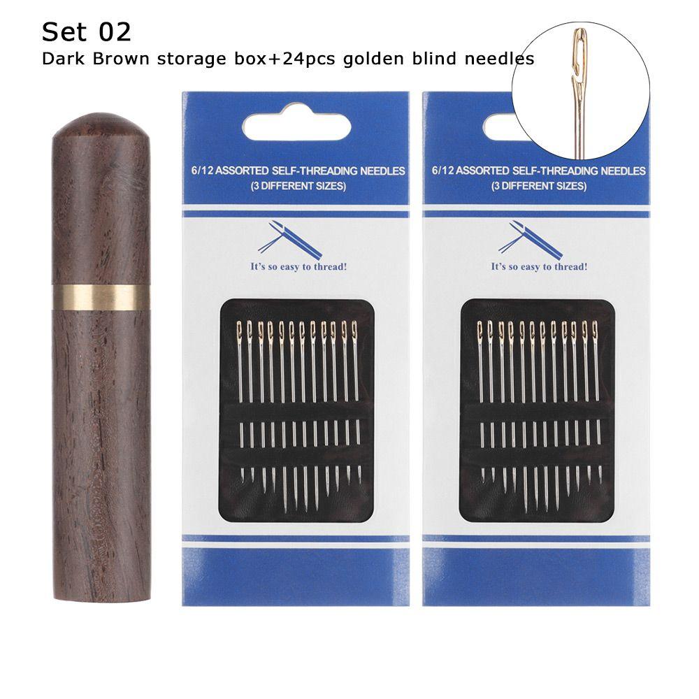 Box Household Self Threading Needles Hand Sewing Needles Wooden Needle Case Embroidery Sewing Tools