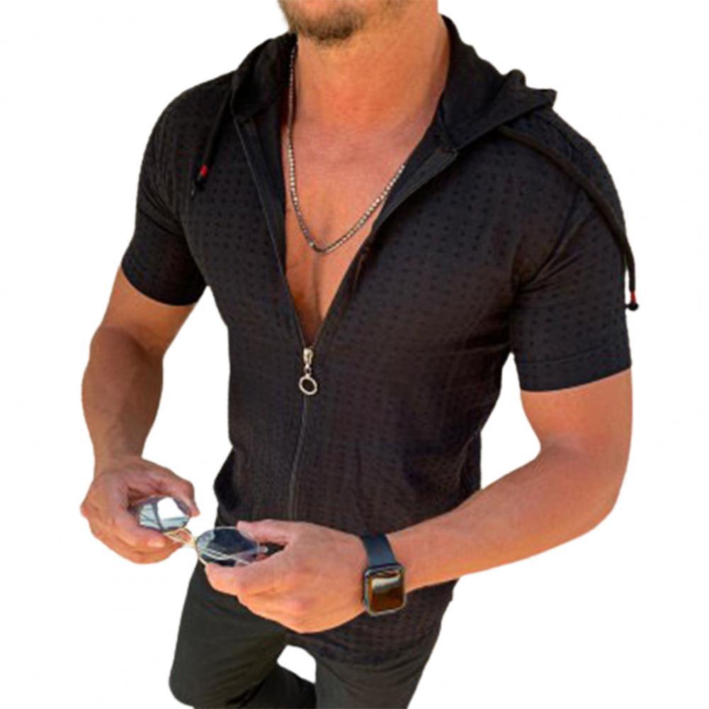 Модная футболка с капюшоном и застежкой-молнией с длиннымикороткими рукавами мужская летняя однотонная повседневная клетчатая футболка с открытым швом тонкая мужская футболка S 1484₽