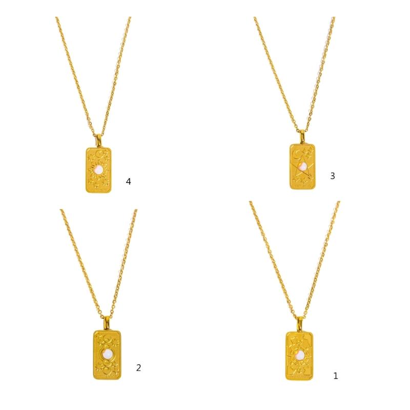 Stylish Gold Square Sun Moon Star World Pendant Necklace Accessory Eye Catching Clavicular Chain for Gathering Parties