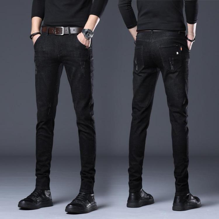 Slim Fit Black Jeans for Men Casual Tight Pants Pure Denim