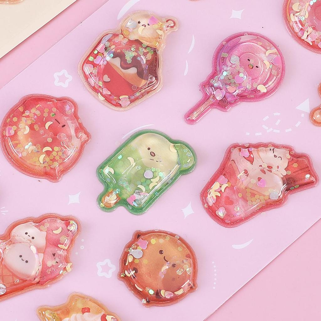 3D Embossed Crystal Children Stickers, Adorable Assorted Decals Cartoon Mini Hamburger Ice Cream Milk Tea 3D Journal Stickers
