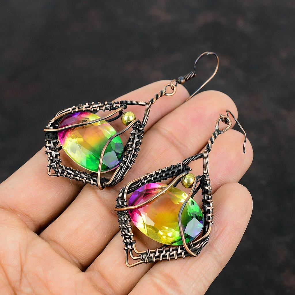 Faceted Multi Tourmaline Earring Copper Wire Wrapped Earring Original Gemstone Handmade Earrings Copper Wire Wrap Jewelry Anniversary Gifts