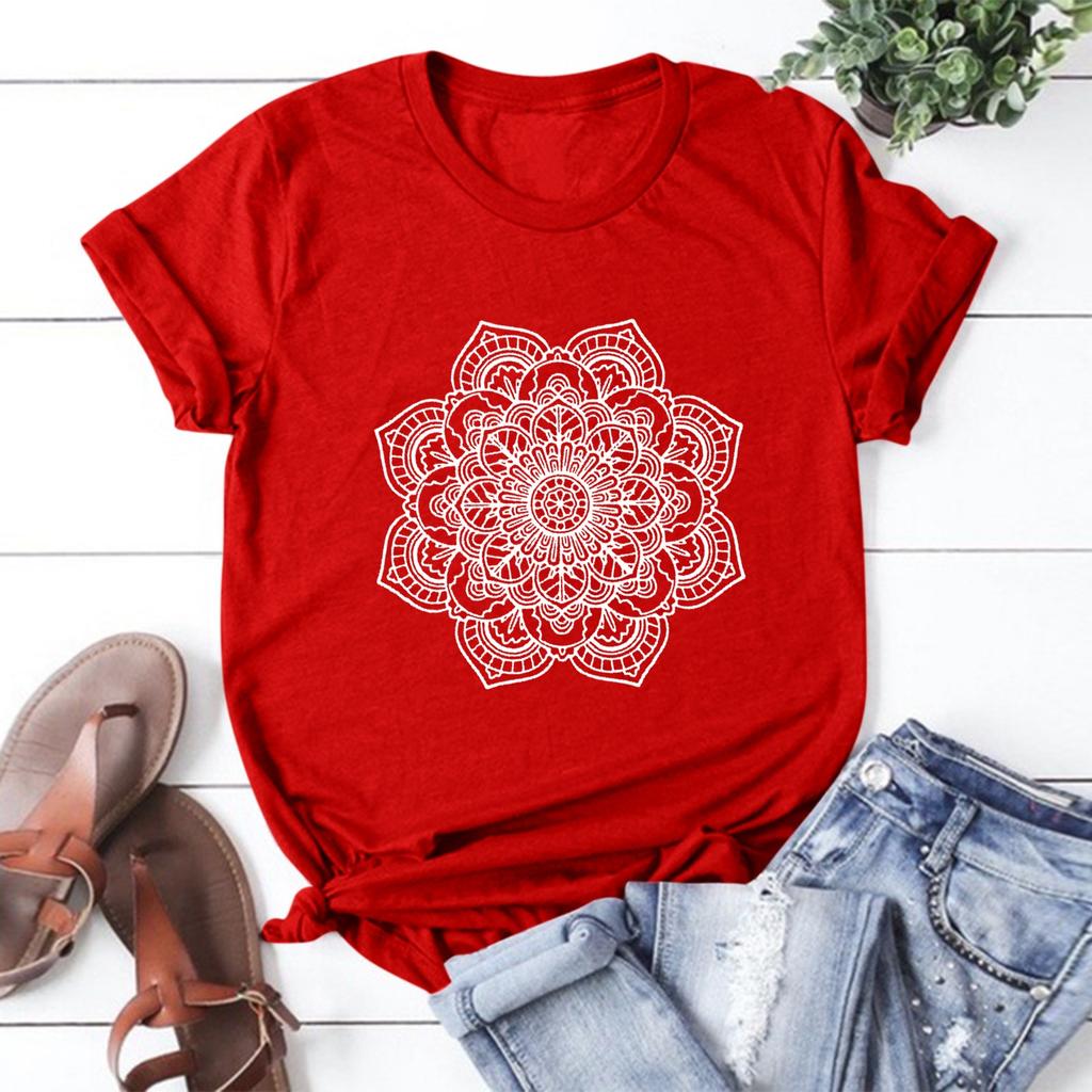Women's Fashion Casual Round Neck Short Sleeve Flower Print T-Shirt Top