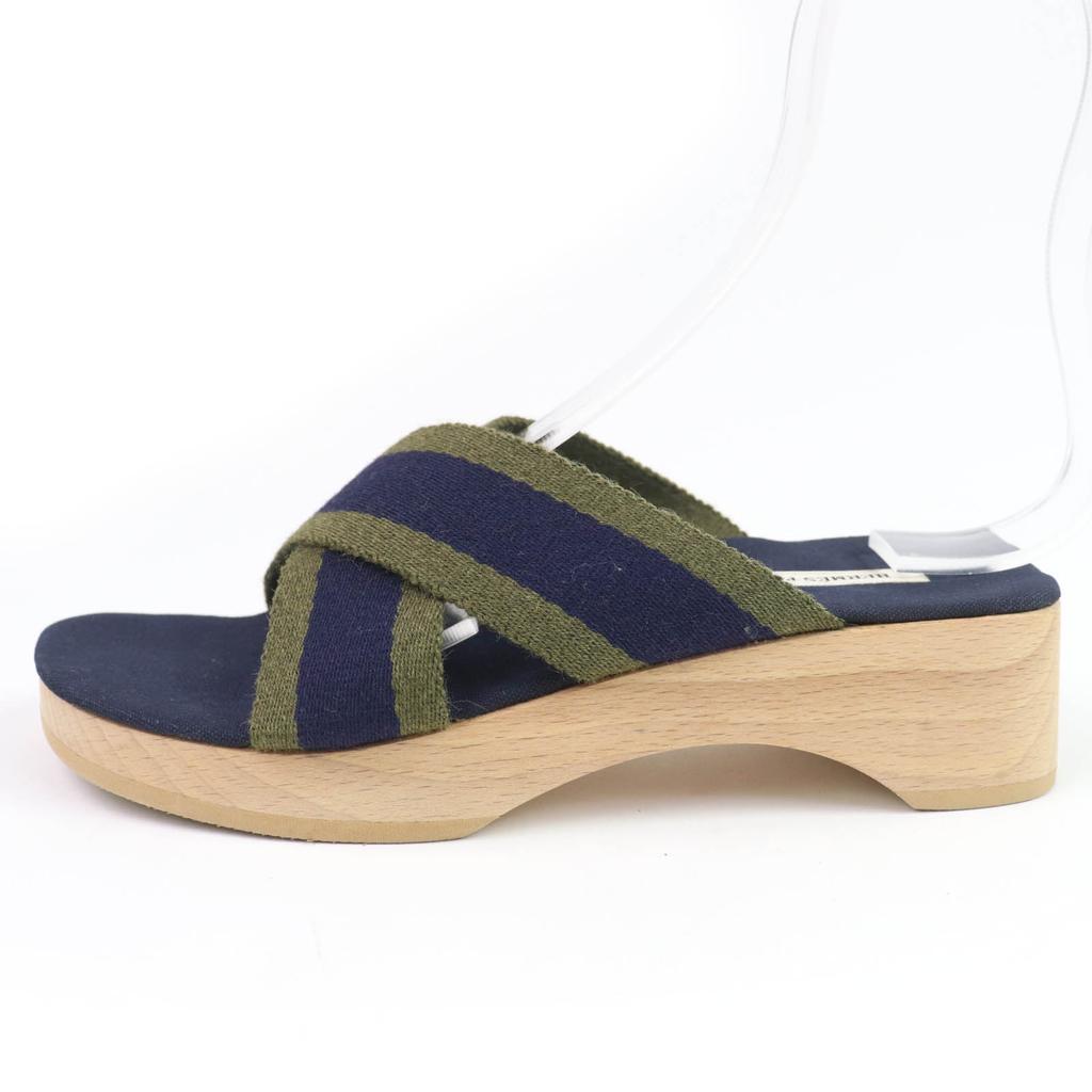 Hermes Sandals Fool Toe Canvas Wood Navy Canvas Women 36 Used