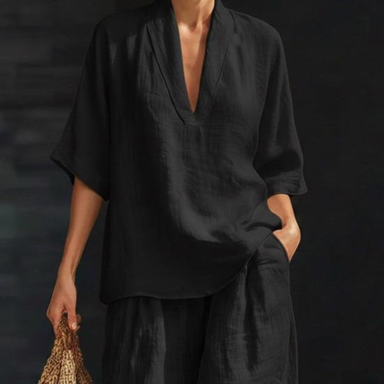 Completi Estivi da Relax a 2 Pezzi per Donna con Scollo a V, Manica Corta e Pantaloni a Gamba Larga, Set Casual per Viaggi e Vacanze