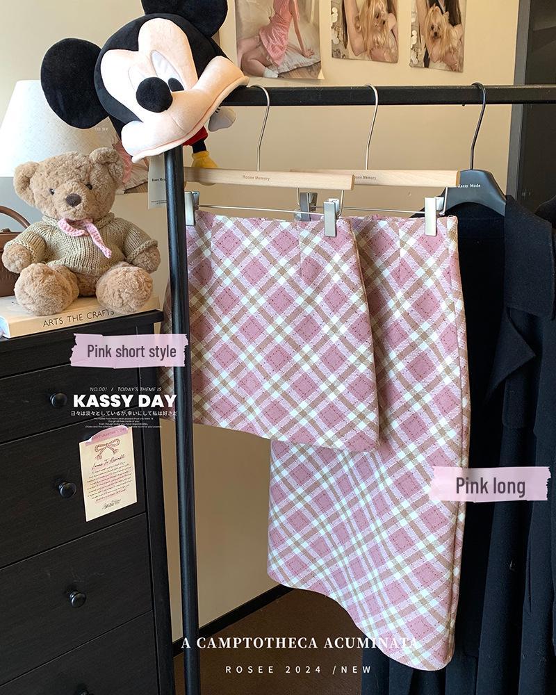 Academy Style Pink Plaid A-line Wool Skirt - Hip-Hugging for Spring & Autumn