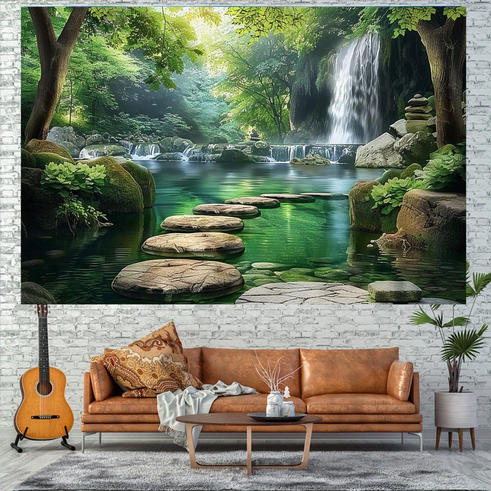 Forest Waterfall Stone Path Tapestry Wall Hanging Decor Polyester Printed Art Home Zen Nature Boho Style