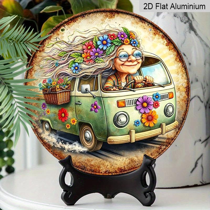 2D Flat Aluminum Colorful Floral Hippie Grandma Decorative Plaque and Ornament. Bohemian-style Flower Cart Wall Decoration, Suitable for Porches