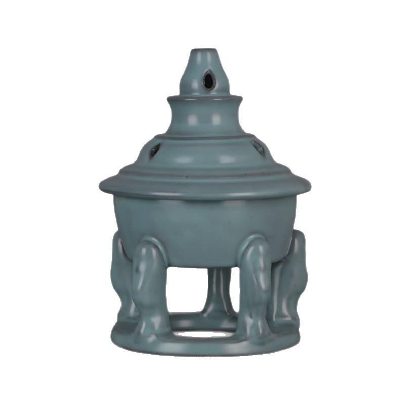 Song Dynasty Ru Kiln Sky Blue Glaze Openwork Incense Burner - Chinese Wénwán Ornament, Antique Porcelain Reproduction.