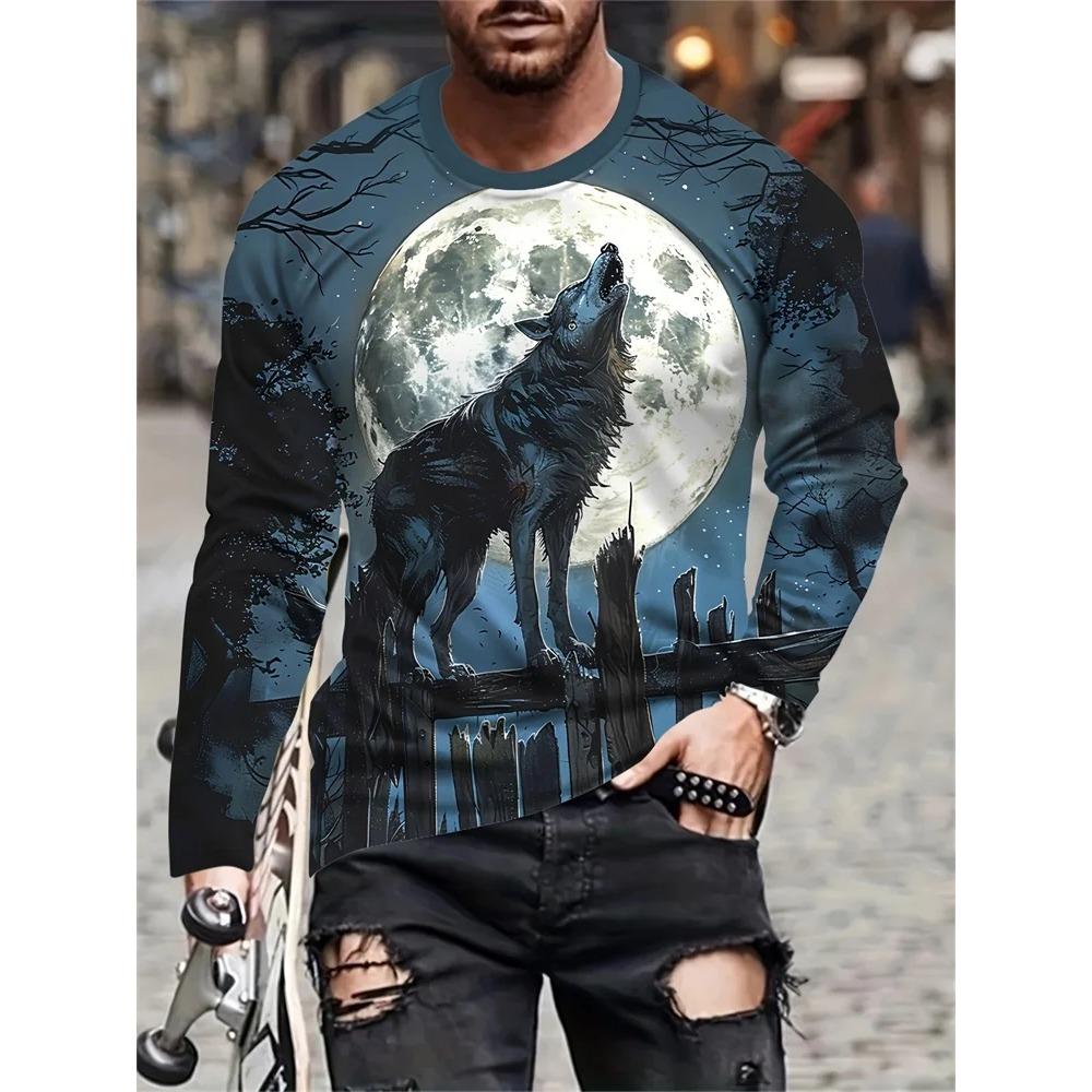 Spring and Autumn Round Neck Animal Pattern 3D Printed Top Fashionable Casual Long Sleeved Men's T-shirts