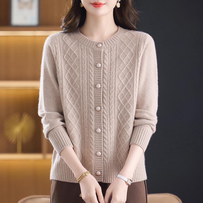 Women's Warm 100% Pure Wool Cardigan: Autumn/Winter Thick Knit Round Neck Sweater for Middle-aged & Elderly Moms