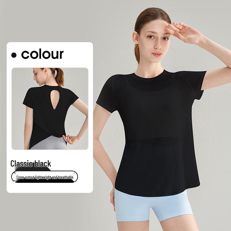 High-End Damen Slub Garn Aushöhlung Rücken Outdoor Sport Top – Atmungsaktiv, Rundhalsausschnitt, Kurzarm Fitness Yoga Überwurf für den Sommer.