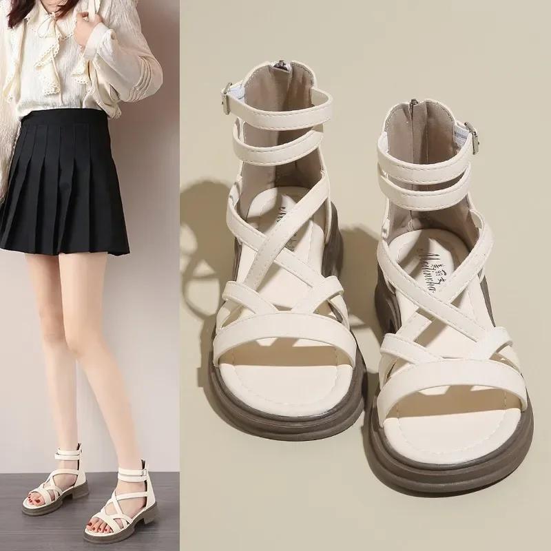 Fashion 2024 Sandals Black Shoes for Women Summer Heels All-Match New Beige Comfort Beach Low Fashion Girls Flat Gladiator Clear Lace