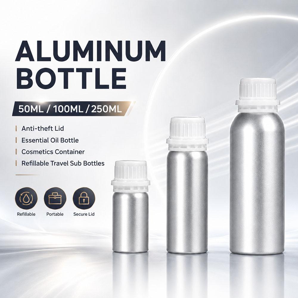 50ml 100ml 250ml Aluminum Bottle with Anti-theft Lid Essential Oil Bottle Cosmetics Container Refillable Travel Sub Bottles