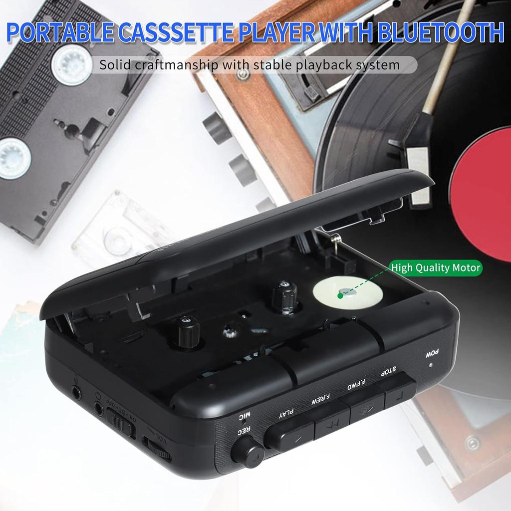 Portable Cassette Player Recorder with Bluetooth Transmitter, Walkman Cassette Tape Player with Headphone Jack, Build-in Speaker, Microphone Jack,
