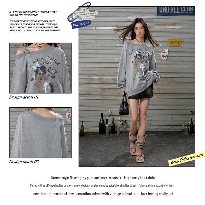 UNIFREE Off-Shoulder Dog Print Loose Sweatshirt