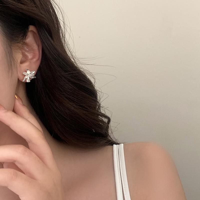 PONYKISS Sterling Silver Matte Flower Vintage Stud Earrings for Women Fine Minimalist Plant Accessories