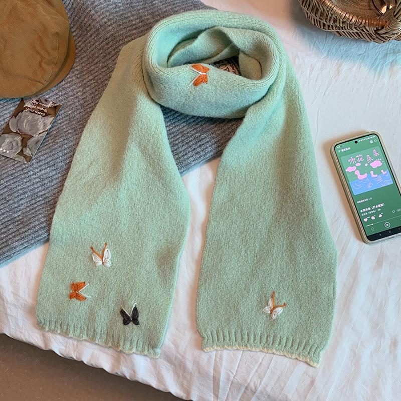 Japanese Style 3D Butterfly Embroidered Scarf - Autumn Winter Women's Knit Warm Neckwear