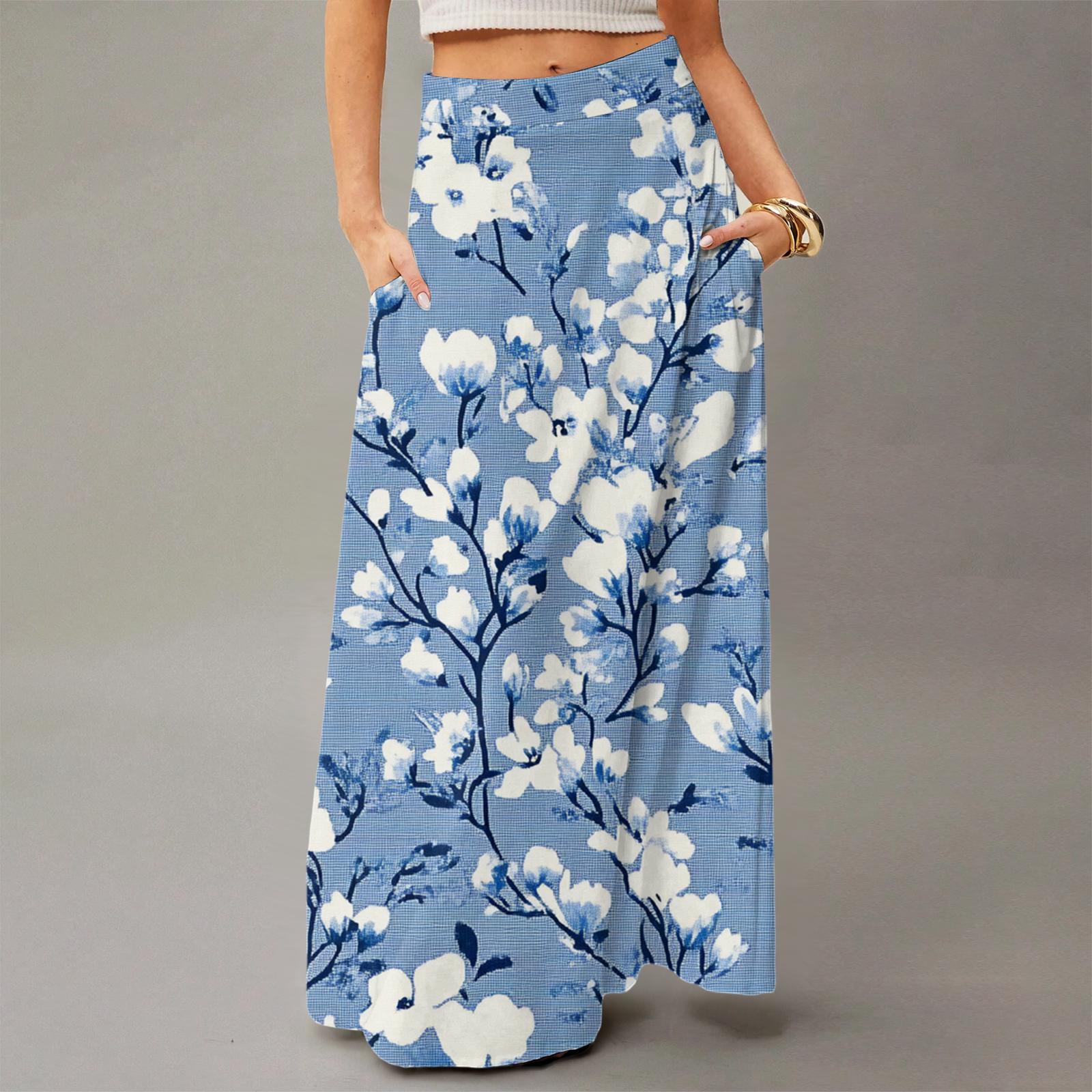 

Женское струящееся платье макси, обычная повседневная юбка в стиле бохо с цветочным принтом M синий