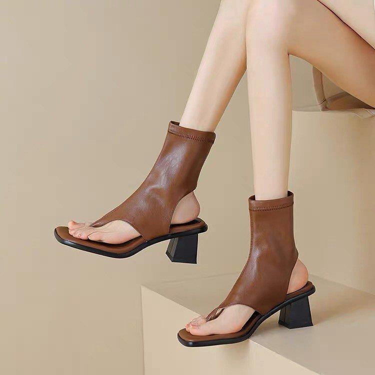 Premium sense~ French toe beach sandals for women 2025 summer new thick heel Roman elastic short cool boots for women