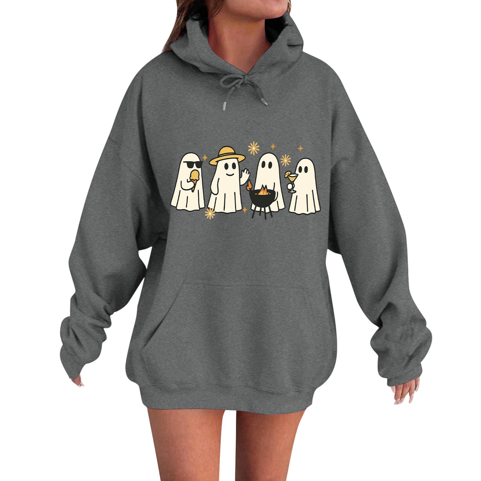 

Женская повседневная модная удобная толстовка с круглым вырезом, капюшоном и длинными рукавами с принтом на Хэллоуин, теплая XL