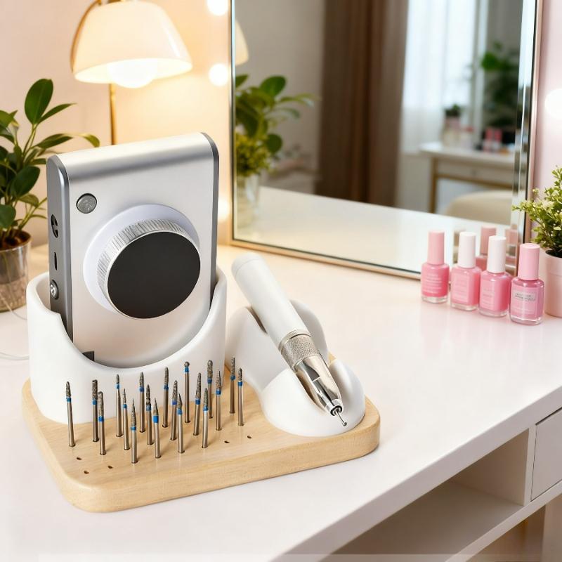 2 In 1 Nail Drill Holder Stand With 6 Holes Nail Drill Bits Wooden Storage Nail Polisher Pen Bracket For Salon And Home Use
