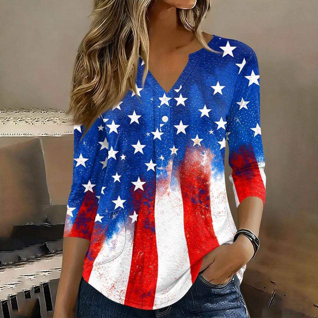 Women 3/4 Sleeve V Neck Henley Pullover Shirt American Flag Print Casual Loose Fit Top