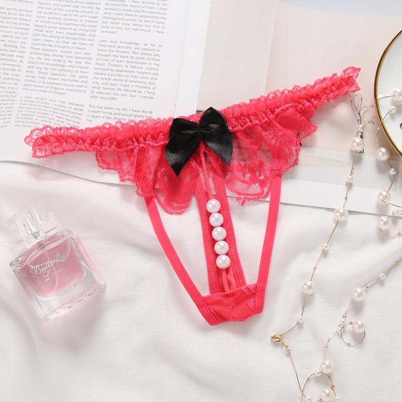 Japanese Style Pearl Open Crotch Lace Thong Panties - Cute, Transparent, Low Waist, Hollow Out Design