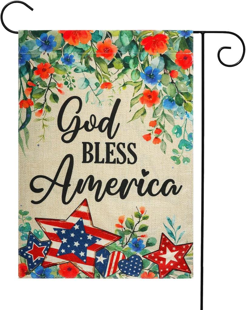 4th of July Patriotic Garden Ag Double-Sided 12x18 Inch Owers God Bless America All-Weather Yard Decoration for Memorial SSL